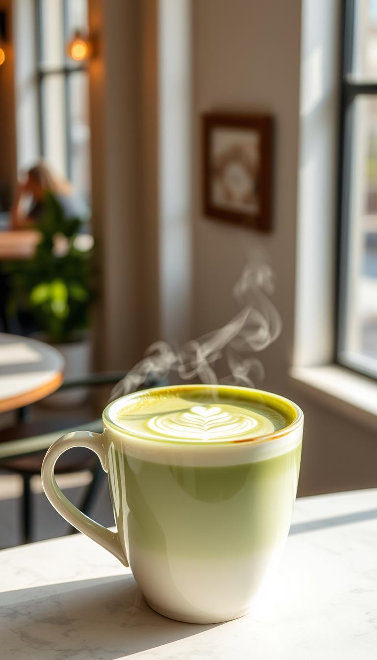 A delicate, steamy matcha green tea latte, freshly prepared in a modern, minimalist cafe. The vibrant green hue of the matcha powder swirls elegantly into the lightly frothed, creamy milk, creating a soothing, earthy aroma. Soft natural lighting filters through large windows, casting a warm, cozy glow on the beverage and the simple, yet sophisticated ceramic mug it is served in. The latte is adorned with a delicate, hand-crafted latte art design, adding a touch of artistry to the perfectly balanced, subtly sweetened drink. The overall scene evokes a sense of tranquility, inviting the viewer to savor the moment and the exquisite, energizing flavors of this beloved specialty coffee.