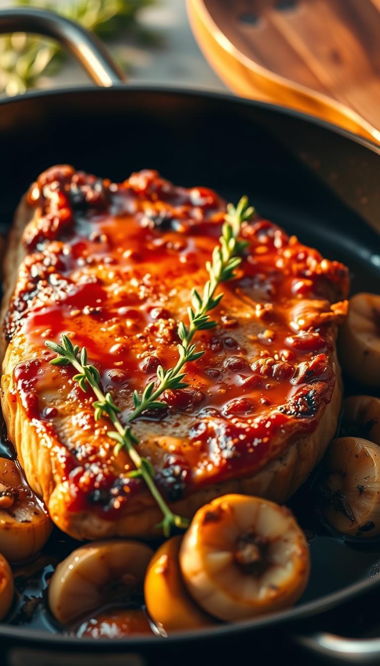 A delicious pan-seared pork chop, sizzling in a bed of rich brown sugar glaze, garnished with fresh thyme sprigs and accompanied by roasted garlic cloves. The chop is bathed in warm, golden light, casting a comforting glow across the scene. The composition is tightly framed, emphasizing the juicy texture and caramelized edges of the pork. The background is softly blurred, allowing the viewer to focus on the mouthwatering details of the dish. The overall mood is inviting and appetizing, capturing the essence of a quick, yet flavorful, 30-minute pork chop recipe.