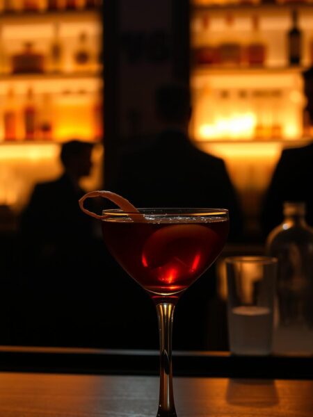 A dimly lit, cozy bar setting with a classic Boulevardier cocktail in the foreground. The cocktail glass is filled with a rich, amber-colored liquid, garnished with a thin orange peel twist. The glass is positioned on a wooden bar top, with a blurry background of bottle-lined shelves, warm lighting, and the silhouettes of other patrons in the distance. The lighting creates a moody, atmospheric scene, casting shadows and highlights that accentuate the curves of the glass and the depth of the drink. The overall composition and lighting evoke a sense of sophistication and indulgence, befitting the classic Boulevardier cocktail.