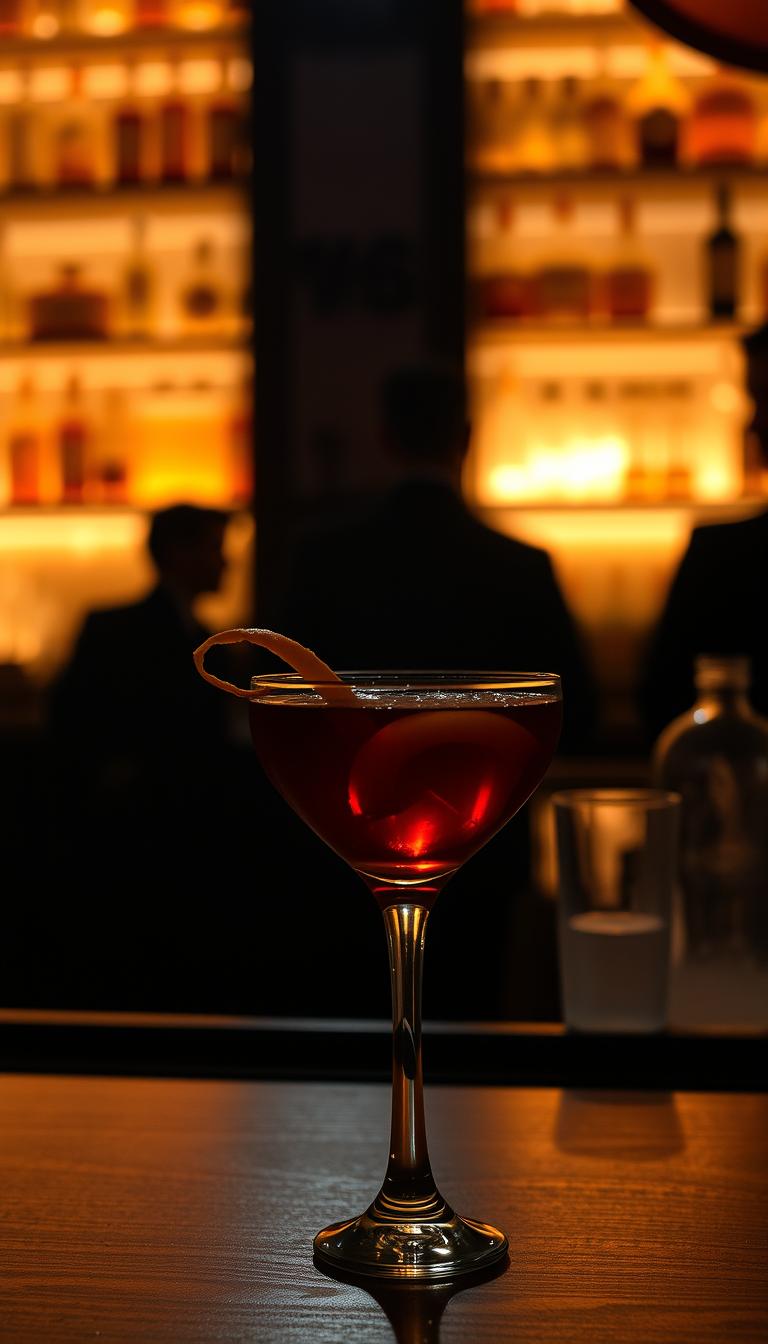 A dimly lit, cozy bar setting with a classic Boulevardier cocktail in the foreground. The cocktail glass is filled with a rich, amber-colored liquid, garnished with a thin orange peel twist. The glass is positioned on a wooden bar top, with a blurry background of bottle-lined shelves, warm lighting, and the silhouettes of other patrons in the distance. The lighting creates a moody, atmospheric scene, casting shadows and highlights that accentuate the curves of the glass and the depth of the drink. The overall composition and lighting evoke a sense of sophistication and indulgence, befitting the classic Boulevardier cocktail.