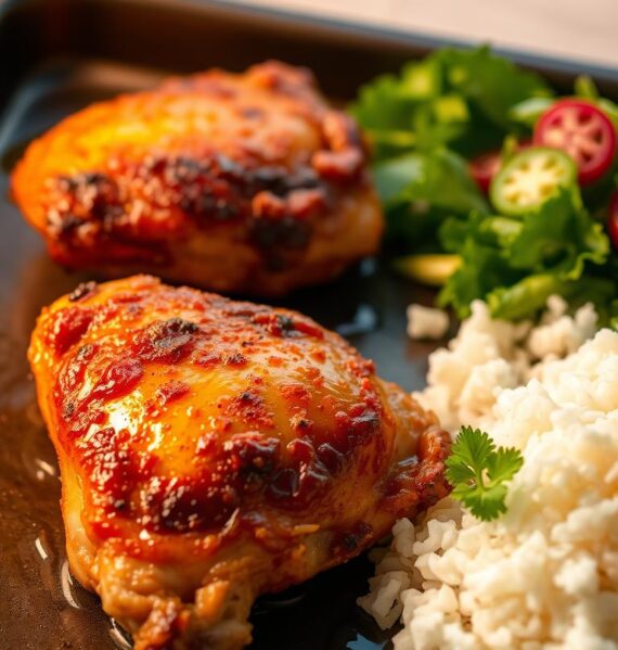 A golden-brown, crispy-skinned air fryer chicken thighs, sizzling and glistening, resting on a modern, matte black baking sheet. The thighs are perfectly cooked, with a juicy, tender interior. Soft, fluffy white rice is served alongside, complemented by a vibrant, fresh green salad. Warm, ambient lighting casts a cozy, inviting glow over the scene, captured at a slight angle to highlight the delectable textures and mouthwatering details. The atmosphere is one of simple, satisfying home-cooked elegance.