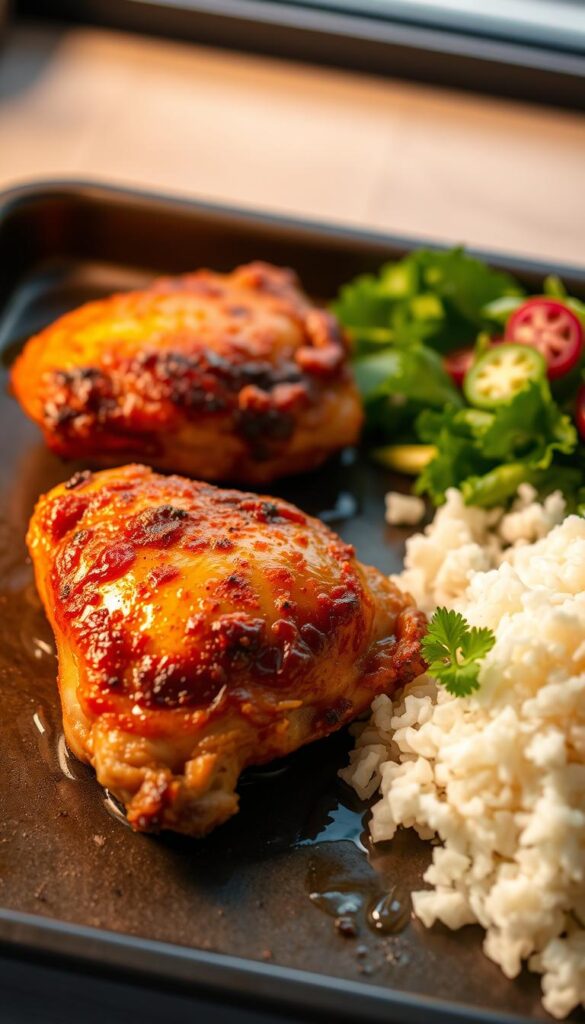 A golden-brown, crispy-skinned air fryer chicken thighs, sizzling and glistening, resting on a modern, matte black baking sheet. The thighs are perfectly cooked, with a juicy, tender interior. Soft, fluffy white rice is served alongside, complemented by a vibrant, fresh green salad. Warm, ambient lighting casts a cozy, inviting glow over the scene, captured at a slight angle to highlight the delectable textures and mouthwatering details. The atmosphere is one of simple, satisfying home-cooked elegance.