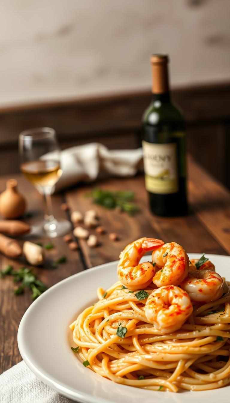 A gourmet dish of marry me shrimp pasta, presented in a warm, soft lighting. In the foreground, an artfully plated serving of creamy, garlic-infused pasta, garnished with tender, succulent shrimp and fresh herbs. The middle ground showcases a rustic wooden table, with a bottle of white wine and a few scattered ingredients, hinting at the culinary process. The background is a cozy, intimate setting, with muted tones and gentle shadows, creating a romantic, inviting atmosphere. The overall composition evokes a sense of indulgence, desire, and the perfect date night meal.