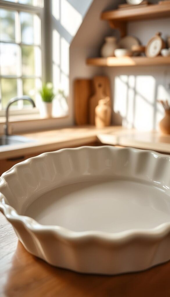 A high-quality ceramic pie pan in a warm, inviting kitchen setting. The pan is centered in the frame, its smooth, glossy glaze reflecting the soft, natural lighting from nearby windows. The pan's classic round shape and gently sloping sides are accentuated, hinting at its ability to bake flawless pies. The background is a soothing, neutral palette, allowing the ceramic pan to be the focal point. The overall mood is one of effortless baking, highlighting the durability and nonstick properties of the ceramic material. A perfectly composed scene to showcase the benefits of using a ceramic pie pan for home baking.