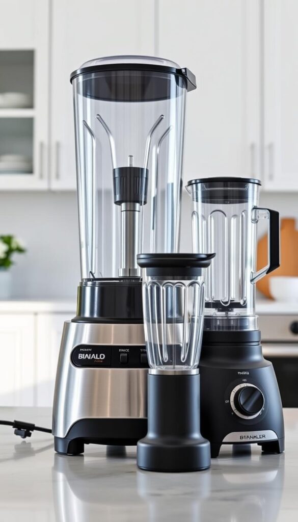 A large, full-sized blender stands prominently in the foreground, its sleek stainless steel body and powerful motor reflecting the bright, natural lighting of the kitchen setting. In the middle ground, a smaller, personal-sized blender in a matte black finish sits alongside a combination blender-food processor, both showcasing their versatile functionalities. The background features a minimalist, modern kitchen interior with clean white countertops and cabinets, creating a harmonious and inviting atmosphere that highlights the different blender options available to suit various kitchen needs and preferences.