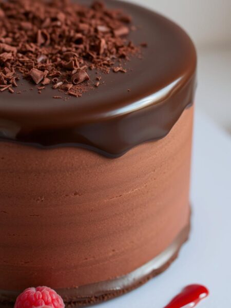 A luscious and indulgent chocolate mousse cake, its silky smooth surface glistening under a soft, even light. The cake stands tall, its dark chocolate ganache glaze mirroring the rich, velvety texture of the mousse interior. Delicate cocoa powder and grated chocolate shavings adorn the top, adding depth and complexity to the presentation. Slender raspberry coulis drizzles artfully around the cake's base, complementing the deep, complex chocolate flavor. The overall scene evokes a sense of luxurious decadence, a tempting treat worthy of a true chocolate connoisseur.