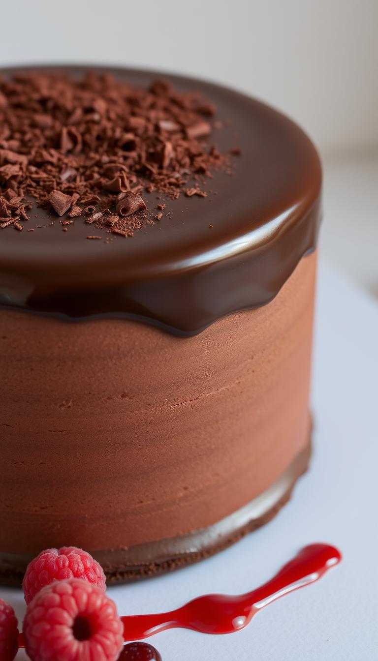 A luscious and indulgent chocolate mousse cake, its silky smooth surface glistening under a soft, even light. The cake stands tall, its dark chocolate ganache glaze mirroring the rich, velvety texture of the mousse interior. Delicate cocoa powder and grated chocolate shavings adorn the top, adding depth and complexity to the presentation. Slender raspberry coulis drizzles artfully around the cake's base, complementing the deep, complex chocolate flavor. The overall scene evokes a sense of luxurious decadence, a tempting treat worthy of a true chocolate connoisseur.