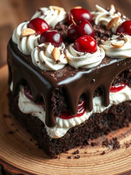 A luscious, decadent Black Forest cake resting on a rustic wood surface. The rich, dark chocolate cake is layered with pillowy whipped cream and tart, juicy cherries. Shiny dark chocolate ganache cascades over the sides, while slivered almonds and grated chocolate add crunch and texture. Warm, soft lighting casts a cozy glow, highlighting the cake's deep, earthy hues and velvety finish. The overall scene is elegant yet inviting, capturing the indulgent essence of this classic dessert.