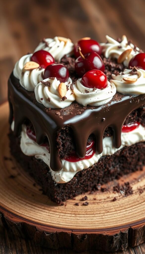 A luscious, decadent Black Forest cake resting on a rustic wood surface. The rich, dark chocolate cake is layered with pillowy whipped cream and tart, juicy cherries. Shiny dark chocolate ganache cascades over the sides, while slivered almonds and grated chocolate add crunch and texture. Warm, soft lighting casts a cozy glow, highlighting the cake's deep, earthy hues and velvety finish. The overall scene is elegant yet inviting, capturing the indulgent essence of this classic dessert.