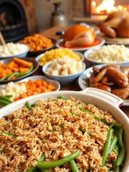 A lush and cozy southern Thanksgiving spread, with a focal point on a hearty green bean casserole. In the foreground, a large casserole dish filled with vibrant, tender green beans, topped with a crispy fried onion crust. Beside it, a platter of roasted sweet potatoes, drizzled with maple syrup. In the middle ground, a table laden with other traditional southern dishes - creamy mashed potatoes, savory cornbread stuffing, and a perfectly golden-brown roasted turkey. The background is warm and inviting, with a rustic wooden table, vintage serving platters, and a cozy fireplace flickering in the corner. Soft, natural lighting casts a comforting glow over the entire scene, evoking the spirit of a beloved southern Thanksgiving celebration.