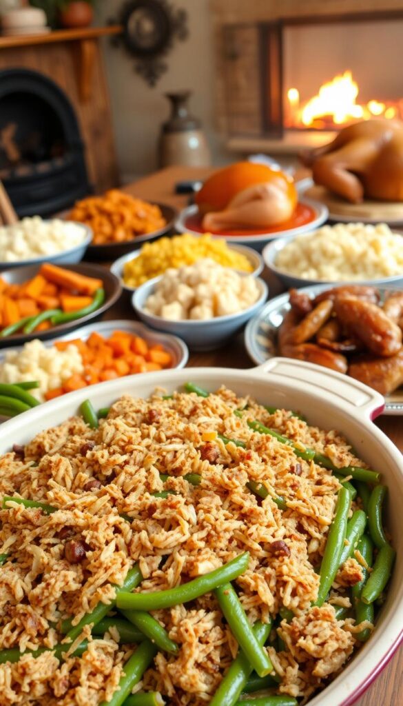 A lush and cozy southern Thanksgiving spread, with a focal point on a hearty green bean casserole. In the foreground, a large casserole dish filled with vibrant, tender green beans, topped with a crispy fried onion crust. Beside it, a platter of roasted sweet potatoes, drizzled with maple syrup. In the middle ground, a table laden with other traditional southern dishes - creamy mashed potatoes, savory cornbread stuffing, and a perfectly golden-brown roasted turkey. The background is warm and inviting, with a rustic wooden table, vintage serving platters, and a cozy fireplace flickering in the corner. Soft, natural lighting casts a comforting glow over the entire scene, evoking the spirit of a beloved southern Thanksgiving celebration.