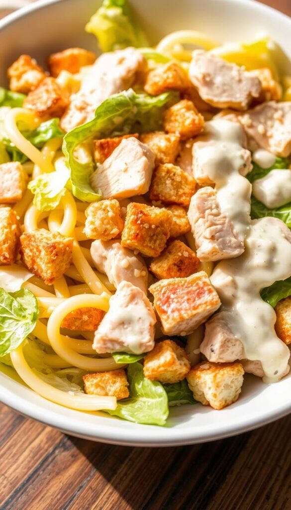 A mouthwatering Chicken Caesar pasta salad, the perfect blend of tender chicken, al dente pasta, crisp romaine lettuce, shredded parmesan, crunchy croutons, and a creamy Caesar dressing. The salad is presented in a shallow white bowl, capturing the vibrant colors and textures. Soft, natural lighting illuminates the dish, casting gentle shadows and highlights the dish's depth and dimension. The camera angle is slightly elevated, allowing the viewer to appreciate the beautiful arrangement of ingredients. The overall mood is fresh, appetizing, and inviting, perfectly complementing the recipe's delicious flavors.