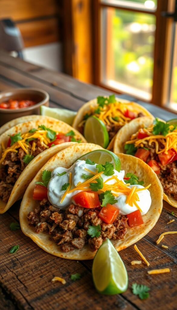 A mouthwatering array of beef tacos, with tender seasoned ground beef, crisp lettuce, juicy tomatoes, tangy sour cream, and melted shredded cheddar cheese. The tacos are nestled on a weathered wooden table, with a rustic, inviting atmosphere. Soft, warm taco shells cradle the filling, against a backdrop of earthy spices and herbs. Bright lime wedges add a refreshing pop of color and flavor. Backlighting from a nearby window casts a warm, golden glow, highlighting the textures and shadows. The scene evokes the comforting, homemade feel of a family-style Mexican feast.