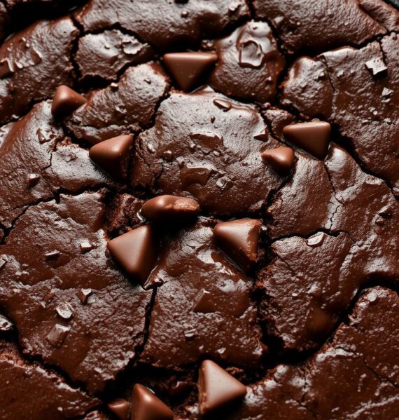 A mouthwatering close-up of rich, fudgy chocolate brownies freshly baked in a cast-iron skillet. The surface is shiny and crackled, with a deep, dark brown color. Chunks of melted chocolate are visible throughout, creating a decadent, gooey texture. The brownies are lit from above, casting dramatic shadows and highlights that accentuate their tempting appearance. The scene is set against a simple, minimalist background, allowing the brownies to take center stage and draw the viewer's attention. The overall mood is indulgent, inviting, and evocative of the satisfying, chocolatey goodness within.