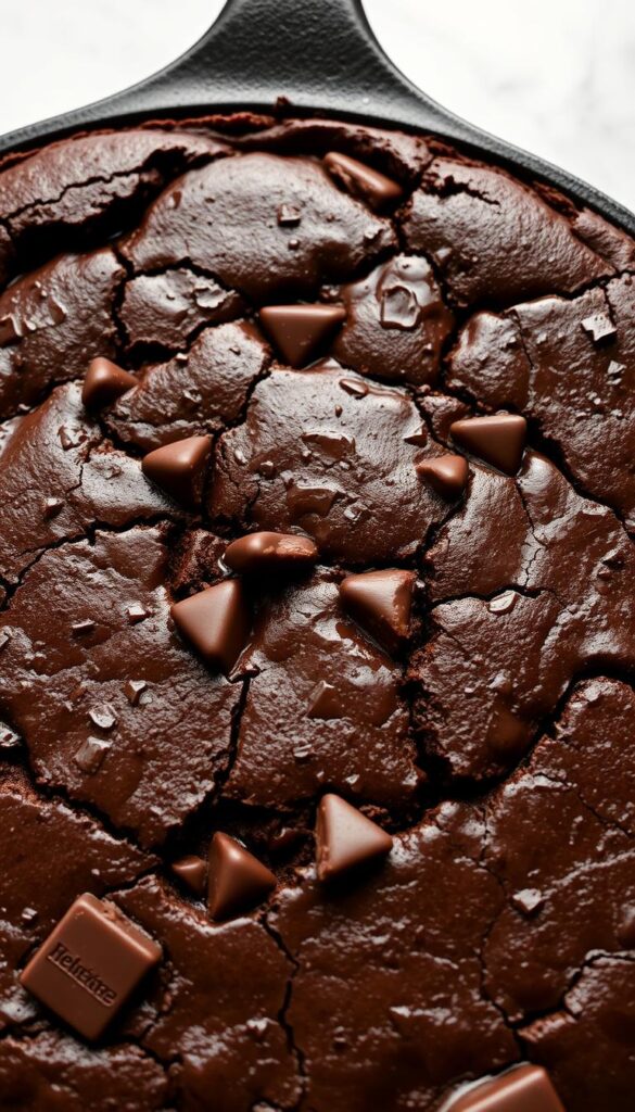 A mouthwatering close-up of rich, fudgy chocolate brownies freshly baked in a cast-iron skillet. The surface is shiny and crackled, with a deep, dark brown color. Chunks of melted chocolate are visible throughout, creating a decadent, gooey texture. The brownies are lit from above, casting dramatic shadows and highlights that accentuate their tempting appearance. The scene is set against a simple, minimalist background, allowing the brownies to take center stage and draw the viewer's attention. The overall mood is indulgent, inviting, and evocative of the satisfying, chocolatey goodness within.