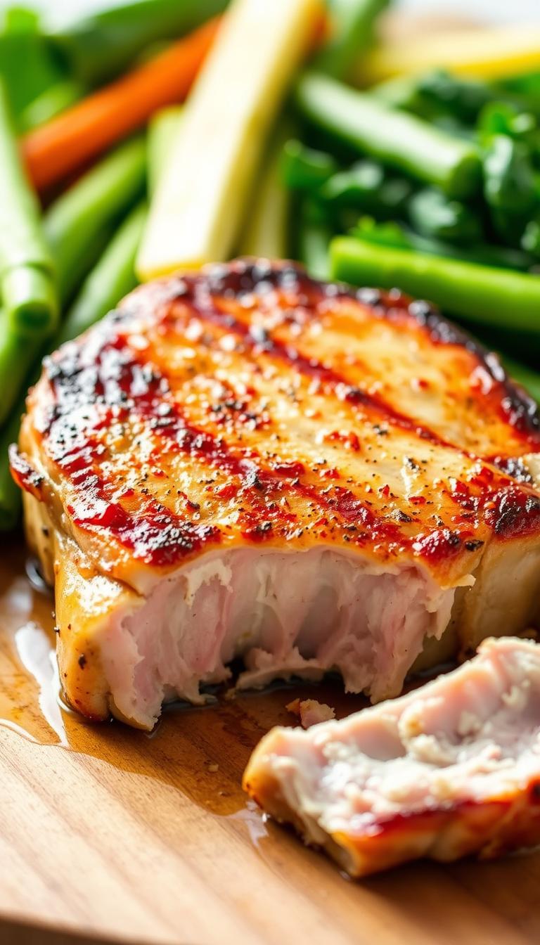 A perfectly seared air fryer pork chop, golden-brown and glistening, takes center stage against a backdrop of crisp, fresh vegetables. The chop's juicy interior is revealed as it is delicately sliced, showcasing its tender, succulent texture. Warm, diffused lighting bathes the scene, creating an inviting and appetizing atmosphere. The camera captures the chop from a low angle, emphasizing its hearty, substantial presence. The overall composition is balanced and visually appealing, making this air fryer pork chop the star of the show.