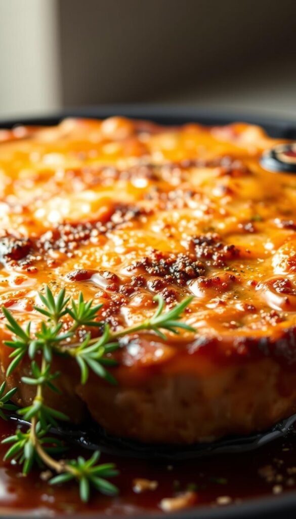 A perfectly seared, juicy pork chop, its golden-brown surface glistening under soft, warm lighting. In the foreground, a delectable sauce coats the meat, its rich, caramelized notes of brown sugar and spices creating an irresistible aroma. The middle ground features a scatter of fresh thyme sprigs and a light dusting of seasoning, adding depth and complexity to the dish. The background fades into a softly blurred, neutral-toned setting, allowing the star of the scene - the sumptuous, baked pork chop - to take center stage. The overall mood is one of rustic elegance, inviting the viewer to savor the comforting, mouthwatering dish.