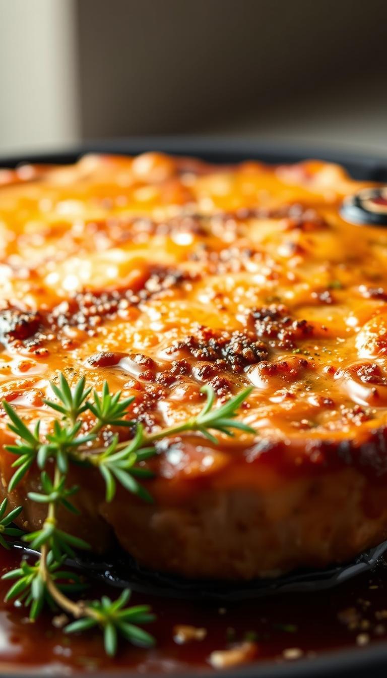 A perfectly seared, juicy pork chop, its golden-brown surface glistening under soft, warm lighting. In the foreground, a delectable sauce coats the meat, its rich, caramelized notes of brown sugar and spices creating an irresistible aroma. The middle ground features a scatter of fresh thyme sprigs and a light dusting of seasoning, adding depth and complexity to the dish. The background fades into a softly blurred, neutral-toned setting, allowing the star of the scene - the sumptuous, baked pork chop - to take center stage. The overall mood is one of rustic elegance, inviting the viewer to savor the comforting, mouthwatering dish.