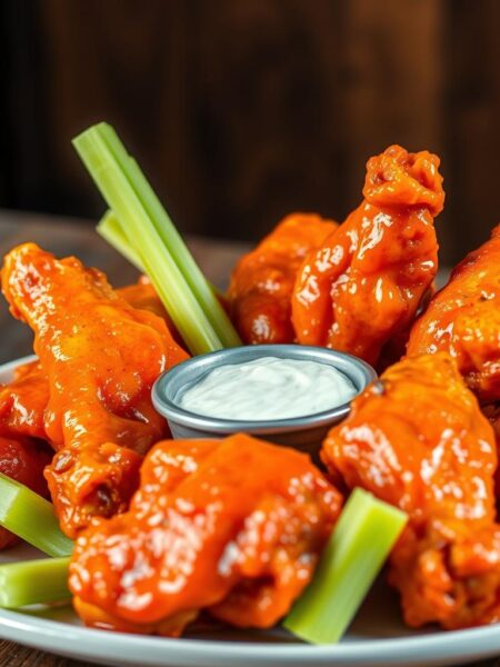 A plate of succulent buffalo chicken wings, freshly fried and tossed in a vibrant orange-red sauce, glistening under warm, directional lighting. The wings are arranged artfully, with a few placed upright to showcase their crispy skin. In the middle ground, celery sticks and blue cheese dressing provide a cool, creamy contrast. The background is blurred, hinting at a rustic wooden table or surface, creating a classic, restaurant-inspired composition. The overall mood is mouthwatering, with a focus on the delicious, finger-licking details of the buffalo chicken wings.