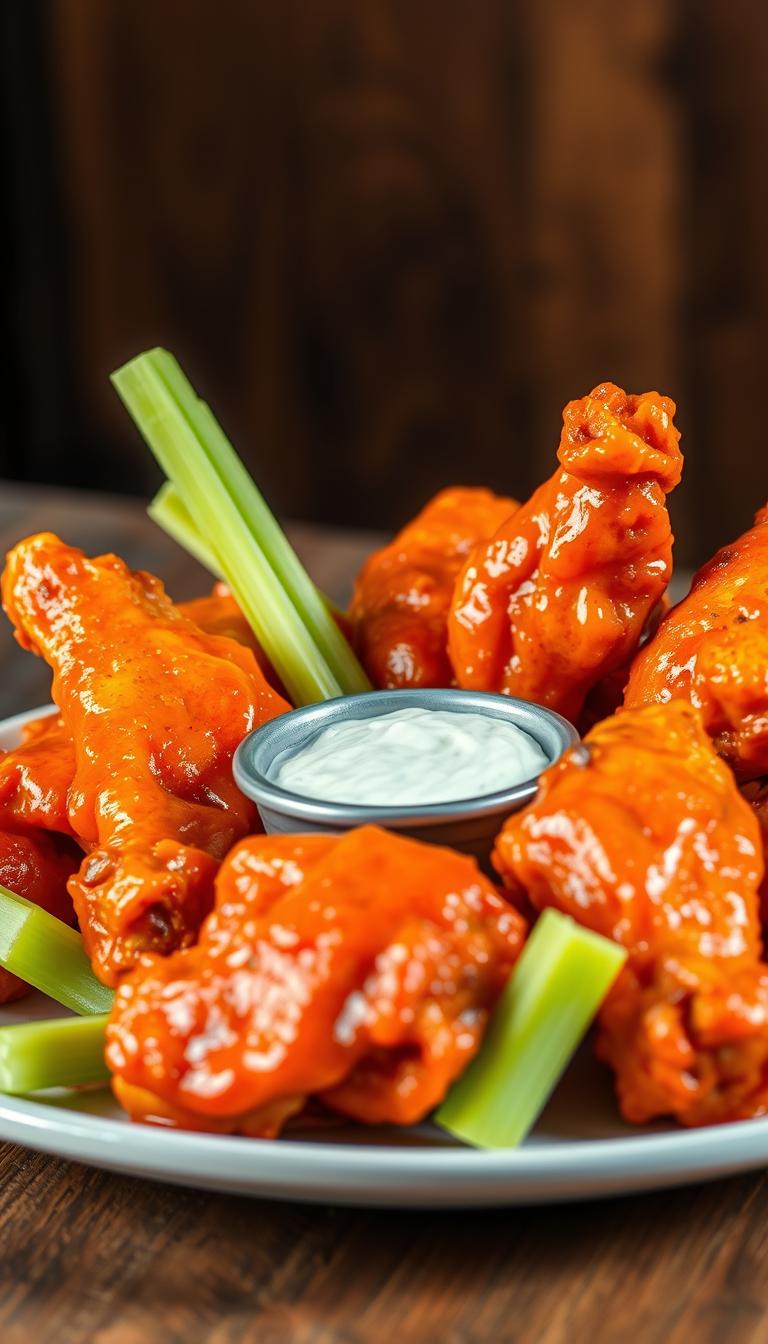 A plate of succulent buffalo chicken wings, freshly fried and tossed in a vibrant orange-red sauce, glistening under warm, directional lighting. The wings are arranged artfully, with a few placed upright to showcase their crispy skin. In the middle ground, celery sticks and blue cheese dressing provide a cool, creamy contrast. The background is blurred, hinting at a rustic wooden table or surface, creating a classic, restaurant-inspired composition. The overall mood is mouthwatering, with a focus on the delicious, finger-licking details of the buffalo chicken wings.