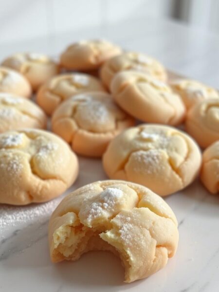 A platter of freshly baked classic sugar cookies, golden-brown on the edges with a soft, tender crumb. The cookies are arranged neatly, dusted with a light coating of powdered sugar that catches the warm glow of the natural lighting. In the foreground, a single cookie is broken in half, revealing its delicate, flaky interior. The background is a clean, minimalist kitchen counter, with subtle shadows adding depth and dimension. The overall scene conveys a sense of timeless holiday cheer and homemade goodness.