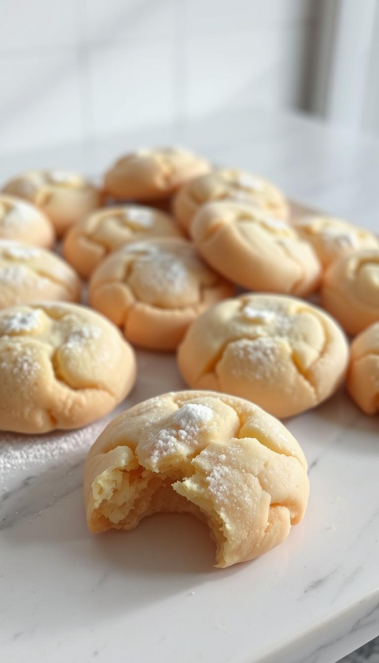 A platter of freshly baked classic sugar cookies, golden-brown on the edges with a soft, tender crumb. The cookies are arranged neatly, dusted with a light coating of powdered sugar that catches the warm glow of the natural lighting. In the foreground, a single cookie is broken in half, revealing its delicate, flaky interior. The background is a clean, minimalist kitchen counter, with subtle shadows adding depth and dimension. The overall scene conveys a sense of timeless holiday cheer and homemade goodness.