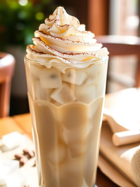 A refreshing iced white chocolate mocha with a generous dollop of whipped cream and a dusting of cocoa powder. The drink is served in a clear glass filled with ice cubes, allowing the light-colored, creamy liquid to shine through. Sunlight filters in from the side, casting a warm glow and creating enticing highlights on the surface of the drink. The background is blurred, hinting at a cozy café setting with wooden accents and natural greenery. The overall scene evokes a sense of indulgence and comfort, perfectly capturing the essence of a homemade Starbucks-inspired iced white chocolate mocha.