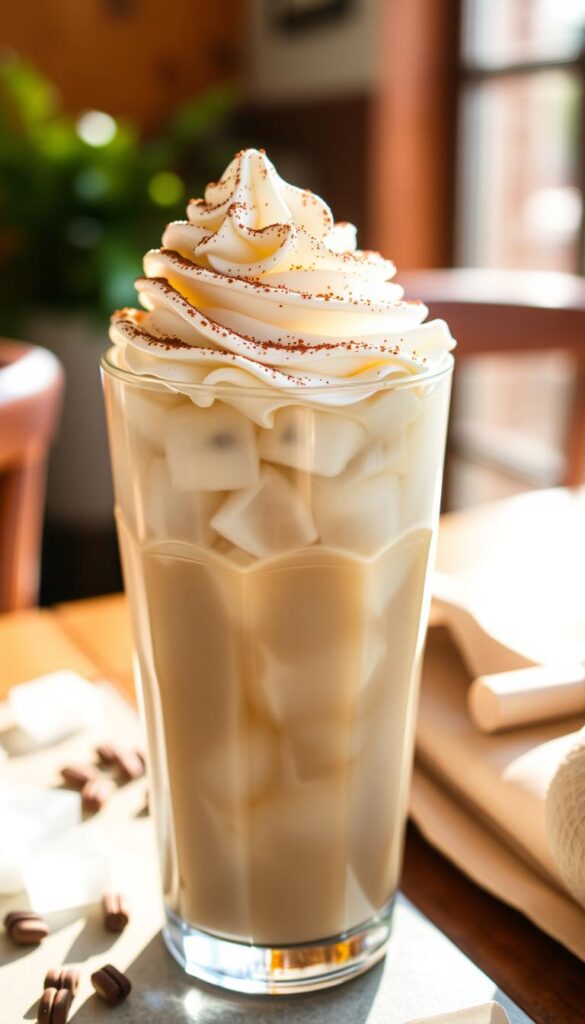 A refreshing iced white chocolate mocha with a generous dollop of whipped cream and a dusting of cocoa powder. The drink is served in a clear glass filled with ice cubes, allowing the light-colored, creamy liquid to shine through. Sunlight filters in from the side, casting a warm glow and creating enticing highlights on the surface of the drink. The background is blurred, hinting at a cozy café setting with wooden accents and natural greenery. The overall scene evokes a sense of indulgence and comfort, perfectly capturing the essence of a homemade Starbucks-inspired iced white chocolate mocha.