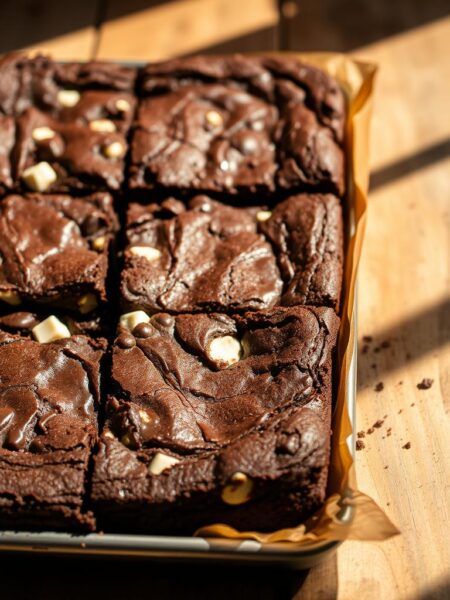 A rich, decadent tray of freshly baked triple chocolate chunk brownies, fresh out of the oven, sitting on a rustic wooden table. The brownies have a deep, dark chocolate color with gooey, fudgy centers and chunks of melted milk and white chocolate throughout. The top has a crackly, shiny crust. The scene is bathed in warm, natural lighting, casting a cozy, inviting atmosphere. The brownies are arranged artfully, with a few stray crumbs and a dusting of cocoa powder adding to the homemade, tempting presentation. The overall mood is one of indulgence and satisfaction, perfectly capturing the essence of an irresistible chocolate treat.