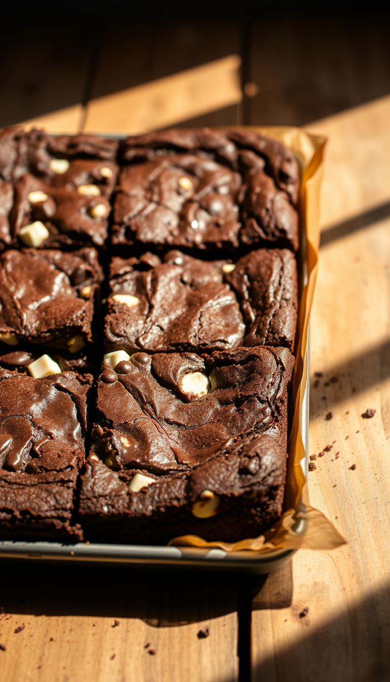 A rich, decadent tray of freshly baked triple chocolate chunk brownies, fresh out of the oven, sitting on a rustic wooden table. The brownies have a deep, dark chocolate color with gooey, fudgy centers and chunks of melted milk and white chocolate throughout. The top has a crackly, shiny crust. The scene is bathed in warm, natural lighting, casting a cozy, inviting atmosphere. The brownies are arranged artfully, with a few stray crumbs and a dusting of cocoa powder adding to the homemade, tempting presentation. The overall mood is one of indulgence and satisfaction, perfectly capturing the essence of an irresistible chocolate treat.