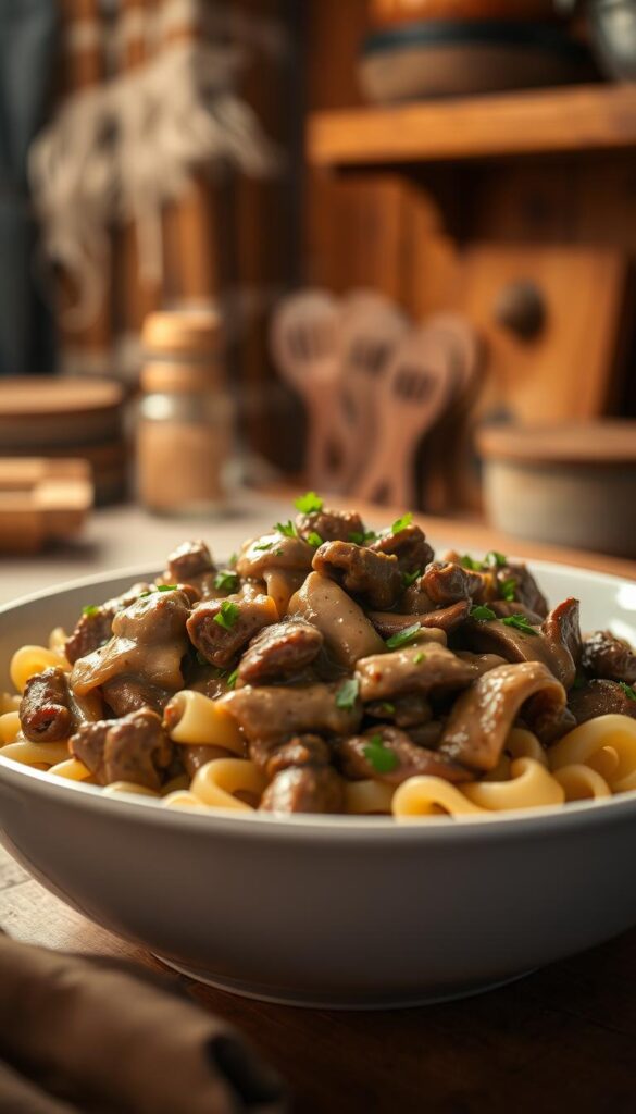 A steaming bowl of classic beef stroganoff, the savory aroma wafting through a cozy, dimly lit kitchen. Thick ribbons of tender beef and sautéed mushrooms in a rich, creamy sauce, served atop fluffy, buttered egg noodles. Sprinkled with chopped parsley, the dish is illuminated by soft, warm lighting, casting a comforting glow. Wooden accents and weathered textures in the background evoke a timeless, homestyle ambiance, while the shallow depth of field focuses the viewer's attention on the sumptuous, hearty meal. An epitome of traditional comfort cuisine, capturing the essence of heartwarming, homemade satisfaction.