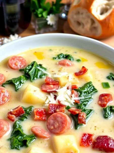 A steaming bowl of creamy Zuppa Toscana soup, inspired by the beloved Olive Garden recipe. In the foreground, tender slices of Italian sausage and crisp bacon mingle with earthy kale and hearty potatoes, all swimming in a rich, savory broth. The middle ground features freshly grated Parmesan cheese, a drizzle of olive oil, and a sprinkle of crushed red pepper flakes, adding depth and complexity to the dish. The background showcases a rustic wooden table, with a crusty loaf of Italian bread and a glass of full-bodied red wine, setting the scene for a cozy, comforting meal. Soft, diffused lighting casts a warm glow over the scene, inviting the viewer to savor every spoonful of this irresistible Copycat Olive Garden Zuppa Toscana.