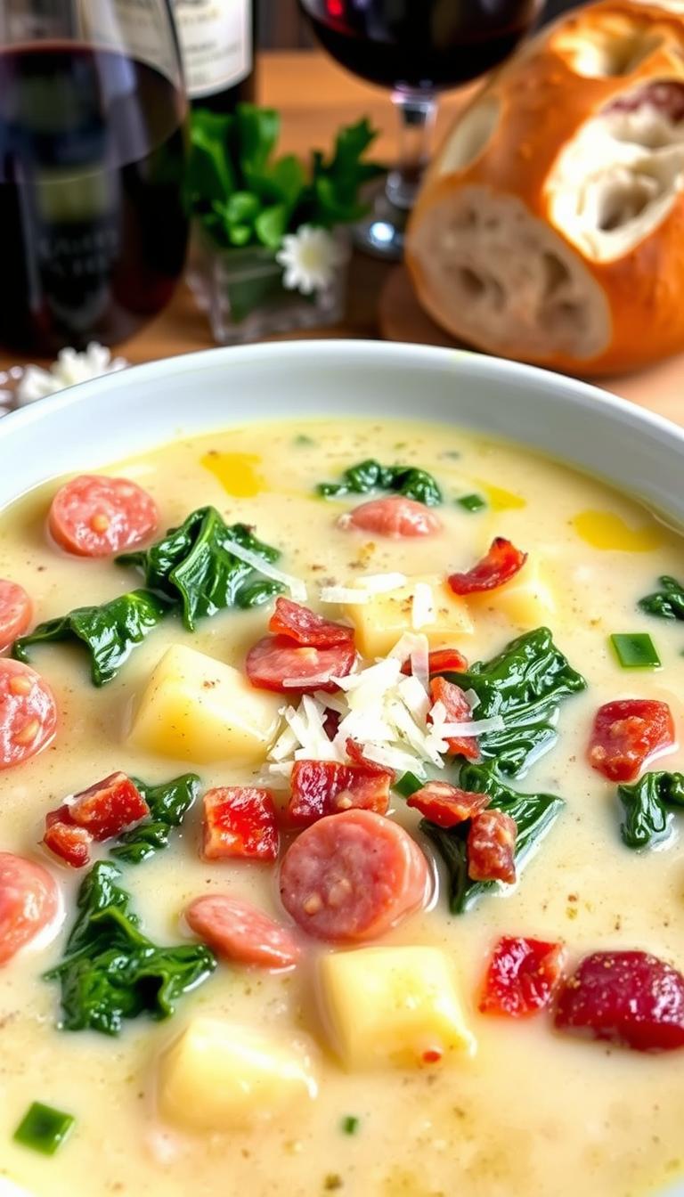 A steaming bowl of creamy Zuppa Toscana soup, inspired by the beloved Olive Garden recipe. In the foreground, tender slices of Italian sausage and crisp bacon mingle with earthy kale and hearty potatoes, all swimming in a rich, savory broth. The middle ground features freshly grated Parmesan cheese, a drizzle of olive oil, and a sprinkle of crushed red pepper flakes, adding depth and complexity to the dish. The background showcases a rustic wooden table, with a crusty loaf of Italian bread and a glass of full-bodied red wine, setting the scene for a cozy, comforting meal. Soft, diffused lighting casts a warm glow over the scene, inviting the viewer to savor every spoonful of this irresistible Copycat Olive Garden Zuppa Toscana.