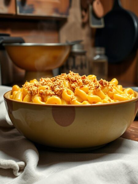 A steaming bowl of homemade macaroni and cheese, the golden-brown cheese sauce gently bubbling and oozing over tender elbow pasta. Crispy breadcrumb topping sprinkled across the top, catching the warm kitchen light. Plumes of steam rise from the dish, carried on the aroma of sharp cheddar, creamy béchamel, and a hint of nutmeg. The scene is set against a cozy, rustic backdrop - weathered wood cabinets, a well-worn vintage mixing bowl, and a cast-iron skillet hanging on the wall. Soft, diffused lighting casts a comforting glow, inviting the viewer to pull up a chair and savor every bite of this quintessential comfort food classic.