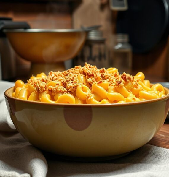 A steaming bowl of homemade macaroni and cheese, the golden-brown cheese sauce gently bubbling and oozing over tender elbow pasta. Crispy breadcrumb topping sprinkled across the top, catching the warm kitchen light. Plumes of steam rise from the dish, carried on the aroma of sharp cheddar, creamy béchamel, and a hint of nutmeg. The scene is set against a cozy, rustic backdrop - weathered wood cabinets, a well-worn vintage mixing bowl, and a cast-iron skillet hanging on the wall. Soft, diffused lighting casts a comforting glow, inviting the viewer to pull up a chair and savor every bite of this quintessential comfort food classic.