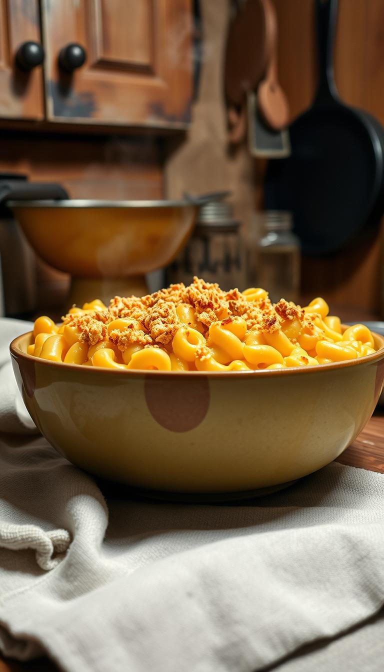 A steaming bowl of homemade macaroni and cheese, the golden-brown cheese sauce gently bubbling and oozing over tender elbow pasta. Crispy breadcrumb topping sprinkled across the top, catching the warm kitchen light. Plumes of steam rise from the dish, carried on the aroma of sharp cheddar, creamy béchamel, and a hint of nutmeg. The scene is set against a cozy, rustic backdrop - weathered wood cabinets, a well-worn vintage mixing bowl, and a cast-iron skillet hanging on the wall. Soft, diffused lighting casts a comforting glow, inviting the viewer to pull up a chair and savor every bite of this quintessential comfort food classic.