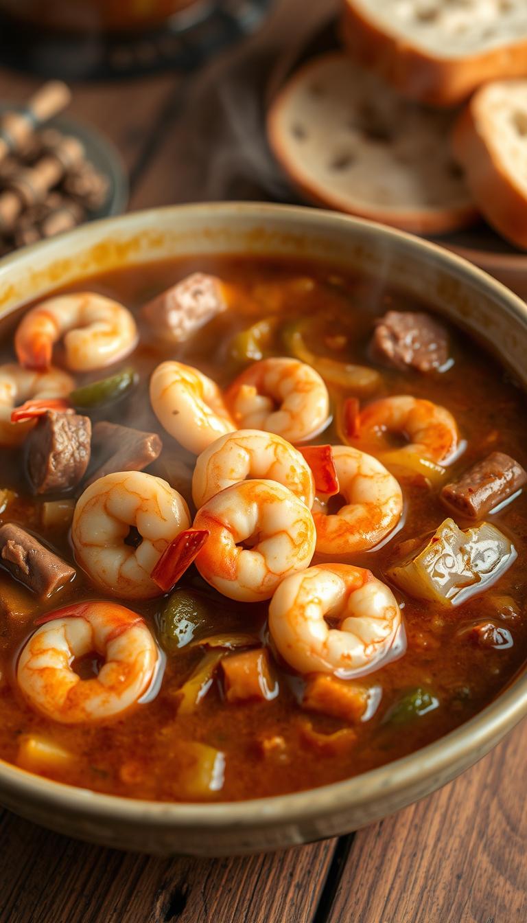A steaming bowl of shrimp gumbo, the rich broth simmered with a mélange of andouille sausage, bell peppers, onions, and fresh Gulf shrimp. Plump, juicy crustaceans nestled among tender hunks of sausage, floating in a dark, mahogany-colored roux that glistens under the warm, ambient lighting. The gumbo's aromatic steam rises, carrying notes of smoked paprika, thyme, and cayenne, beckoning the senses. In the background, a rustic wooden table, worn with time, sets the stage for this hearty, Creole-inspired dish, ready to be savored alongside crusty slices of French bread.