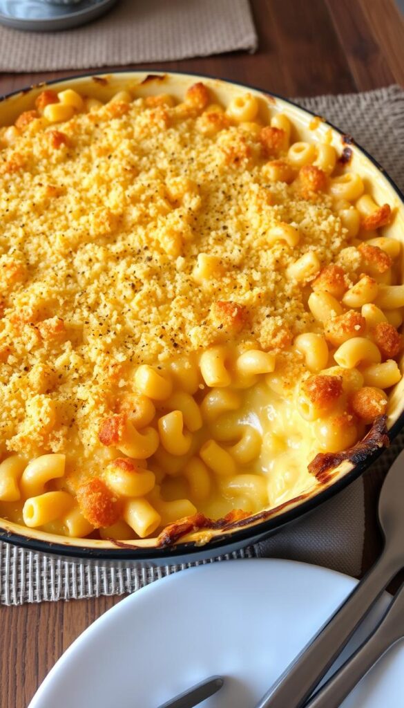A steaming, golden-brown casserole of baked macaroni and cheese, straight out of the oven. The top is perfectly crisp and bubbly, with a lightly charred edge. The interior is oozing with a creamy, cheesy sauce that clings to every tender elbow pasta. Grated cheddar and parmesan cheese create a rich, melty texture. Tiny flecks of black pepper dot the surface, adding a subtle hint of spice. Soft, pillowy breadcrumbs provide a delightful crunch. The dish is set against a rustic wooden table, with a simple placemat and utensils nearby, ready to be devoured. The warm, comforting aroma fills the air, inviting the viewer to dig in and savor every bite of this classic, homestyle macaroni and cheese.