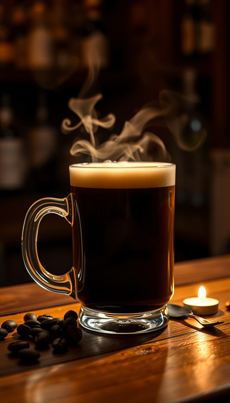 A steaming mug of Irish coffee set against a cozy, dimly lit bar counter. The rich, dark liquid is crowned with a layer of thick, creamy foam, its surface reflecting the warm glow of a small, flickering candle. The glass mug is nestled on a wooden surface, surrounded by a few stray coffee beans and a small spoon. The scene is bathed in a soft, golden light, creating a welcoming and intimate atmosphere. The mug's shape and the play of light and shadow on the liquid evoke a sense of comfort and indulgence.