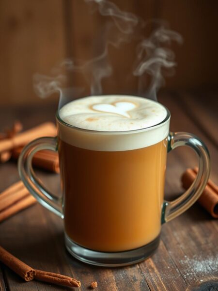 A steaming mug of chai tea latte sits atop a rustic wooden table, the rich amber liquid topped with a thick layer of creamy milk foam. The mug is positioned against a backdrop of warm, earthy tones, with hints of cinnamon, cardamom, and ginger wafting through the air. The lighting is soft and natural, creating a cozy and inviting atmosphere. The camera angle is slightly elevated, capturing the intricate patterns of the foam and the steam gently rising from the surface of the drink. The overall composition evokes a sense of comfort and indulgence, perfectly reflecting the comforting and indulgent nature of a classic chai tea latte.