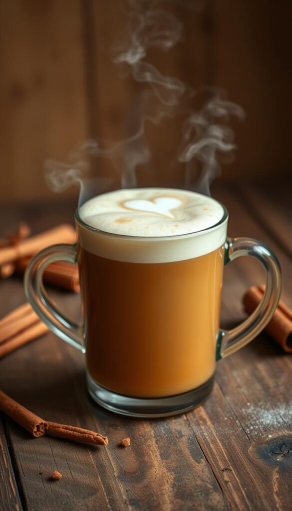A steaming mug of chai tea latte sits atop a rustic wooden table, the rich amber liquid topped with a thick layer of creamy milk foam. The mug is positioned against a backdrop of warm, earthy tones, with hints of cinnamon, cardamom, and ginger wafting through the air. The lighting is soft and natural, creating a cozy and inviting atmosphere. The camera angle is slightly elevated, capturing the intricate patterns of the foam and the steam gently rising from the surface of the drink. The overall composition evokes a sense of comfort and indulgence, perfectly reflecting the comforting and indulgent nature of a classic chai tea latte.