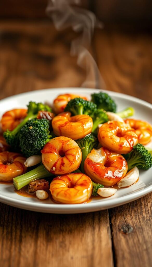 A steaming plate of seared, succulent shrimp glistens under the warm glow of an overhead light. The shrimp are coated in a rich, glossy honey garlic sauce, lending a delightful balance of sweet and savory flavors. Tender, fresh broccoli florets and fragrant garlic cloves are scattered around the shrimp, creating a visually appealing and mouthwatering arrangement. The plate is set on a wooden surface, with a subtle background of blurred, earthy tones that complement the dish's rustic elegance. The scene exudes a cozy, inviting atmosphere, perfectly capturing the essence of a quick, yet indulgent, honey garlic shrimp dinner.