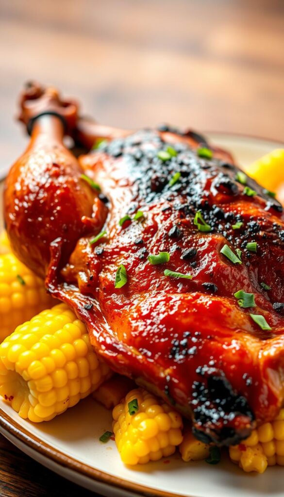 A succulent BBQ chicken, charred to perfection, sits atop a plate alongside fluffy golden corn on the cob. The chicken's skin glistens with a sticky, caramelized glaze, its meat tender and juicy. A scattering of fresh green herbs adds a vibrant touch. Soft, warm light bathes the scene, casting a cozy, inviting atmosphere. The background is blurred, allowing the main dish to take center stage. Captured from a high angle, the image showcases the mouthwatering spread, ready to be enjoyed by a hungry family.