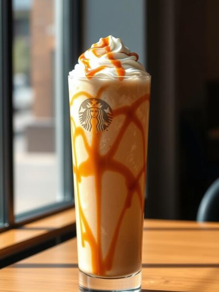 A tall, frosty glass filled with a swirling, creamy caramel-colored Frappuccino. Perfectly blended ice, espresso, and sweetened condensed milk, topped with a generous dollop of whipped cream and a drizzle of rich caramel sauce. The glass is placed on a sleek, modern wooden table, with natural lighting casting a warm, inviting glow. The overall scene conveys the cozy, indulgent atmosphere of a Starbucks café, inviting the viewer to imagine the satisfying taste and texture of this classic, beloved beverage.