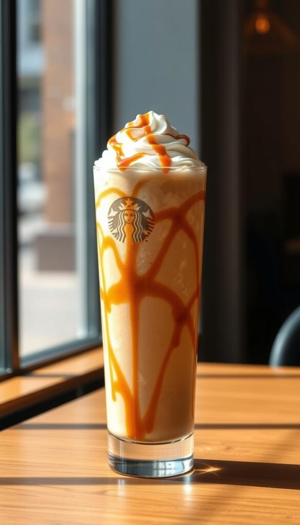 A tall, frosty glass filled with a swirling, creamy caramel-colored Frappuccino. Perfectly blended ice, espresso, and sweetened condensed milk, topped with a generous dollop of whipped cream and a drizzle of rich caramel sauce. The glass is placed on a sleek, modern wooden table, with natural lighting casting a warm, inviting glow. The overall scene conveys the cozy, indulgent atmosphere of a Starbucks café, inviting the viewer to imagine the satisfying taste and texture of this classic, beloved beverage.