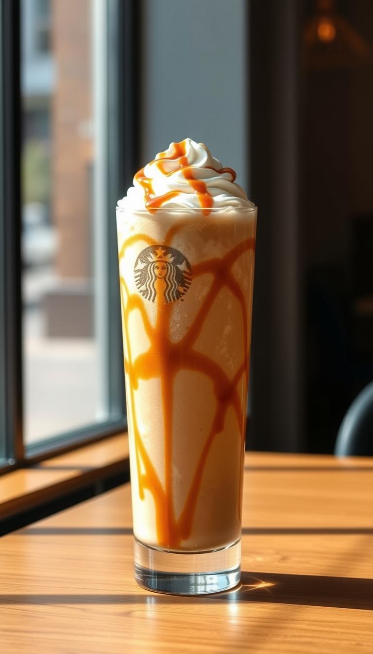 A tall, frosty glass filled with a swirling, creamy caramel-colored Frappuccino. Perfectly blended ice, espresso, and sweetened condensed milk, topped with a generous dollop of whipped cream and a drizzle of rich caramel sauce. The glass is placed on a sleek, modern wooden table, with natural lighting casting a warm, inviting glow. The overall scene conveys the cozy, indulgent atmosphere of a Starbucks café, inviting the viewer to imagine the satisfying taste and texture of this classic, beloved beverage.