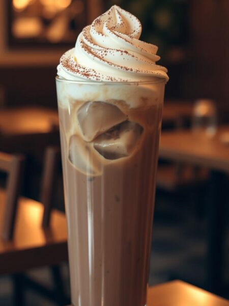 A tall glass filled with a creamy, chocolate-brown liquid topped with a generous dollop of whipped cream and a dusting of cocoa powder. The ice cubes within the drink glisten under soft, warm lighting, casting gentle reflections on the glass's surface. In the background, the blurred silhouette of a cozy café setting with wooden tables and chairs, hinting at the inviting atmosphere. The overall scene evokes a sense of indulgence and comfort, a perfect treat on a relaxing afternoon.