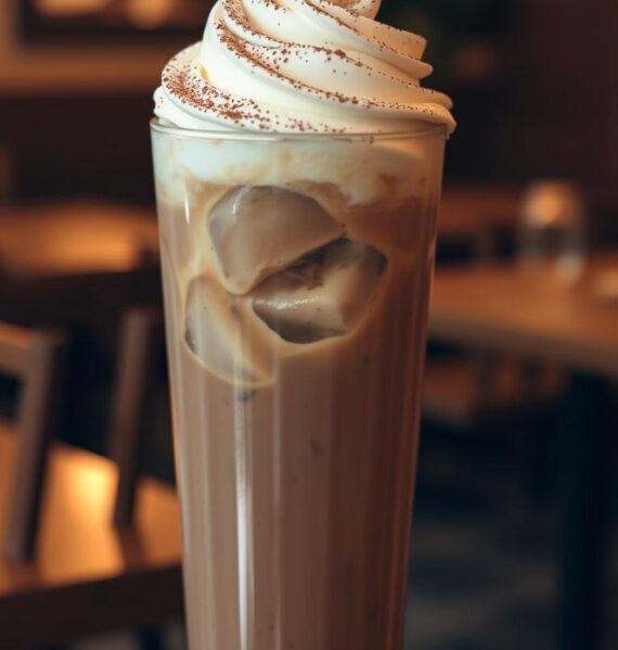 A tall glass filled with a creamy, chocolate-brown liquid topped with a generous dollop of whipped cream and a dusting of cocoa powder. The ice cubes within the drink glisten under soft, warm lighting, casting gentle reflections on the glass's surface. In the background, the blurred silhouette of a cozy café setting with wooden tables and chairs, hinting at the inviting atmosphere. The overall scene evokes a sense of indulgence and comfort, a perfect treat on a relaxing afternoon.