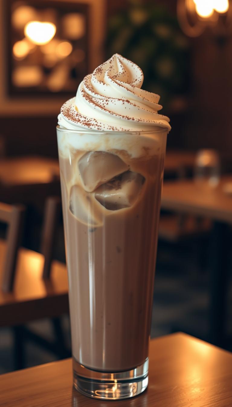 A tall glass filled with a creamy, chocolate-brown liquid topped with a generous dollop of whipped cream and a dusting of cocoa powder. The ice cubes within the drink glisten under soft, warm lighting, casting gentle reflections on the glass's surface. In the background, the blurred silhouette of a cozy café setting with wooden tables and chairs, hinting at the inviting atmosphere. The overall scene evokes a sense of indulgence and comfort, a perfect treat on a relaxing afternoon.