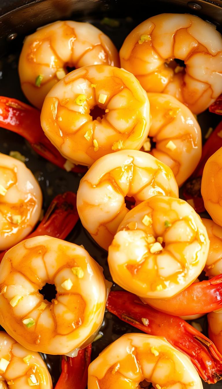 A tantalizing close-up of succulent garlic butter shrimp, sizzling in a cast-iron skillet. The shrimp are plump and glistening, their shells a vibrant pink. Melted butter and minced garlic coat each shrimp, creating a mouthwatering aroma. The lighting is warm and inviting, casting a golden glow on the dish. The skillet is set against a simple, clean background, allowing the shrimp to take center stage. The overall composition is sharp and well-focused, emphasizing the texture and juiciness of the shrimp. This image perfectly captures the essence of a quick, delectable garlic butter shrimp dish that will delight the senses.